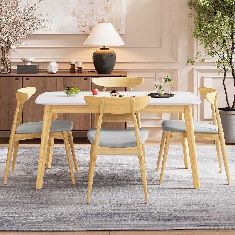 White Oak Modern Dining Set with Rubberwood Table and 4 Upholstered Chairs, Ergonomic Chairs with Padded Seat - Beige Natural White Oak
