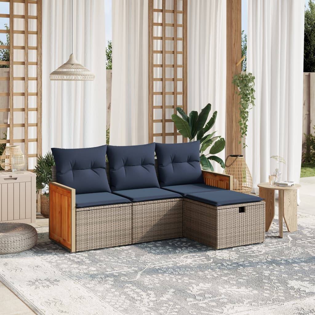 vidaXL 4 Piece Patio Sofa Set with Cushions Gray Poly Rattan - 21.7" x 24.4" x 27.2"