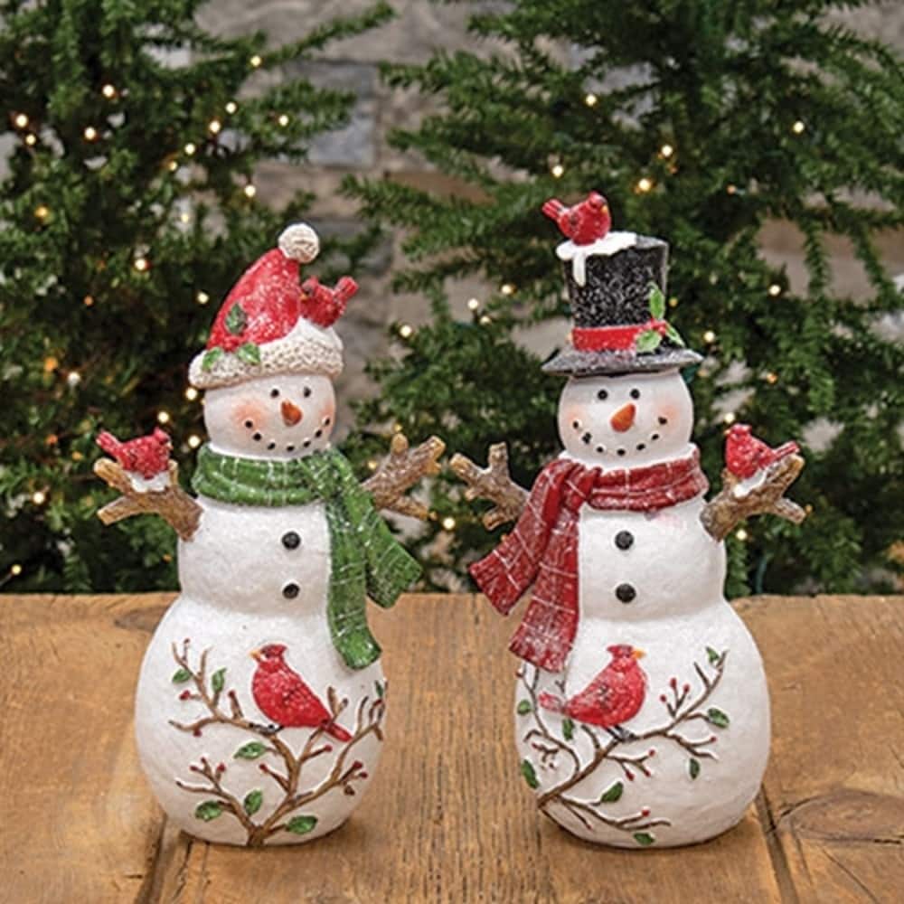 Festive Resin Snowman Figurine with Cardinal and Scarf Glittered Winter Holiday Table Decor 2 Asstd. - 12” H x 7” W x 4” D
