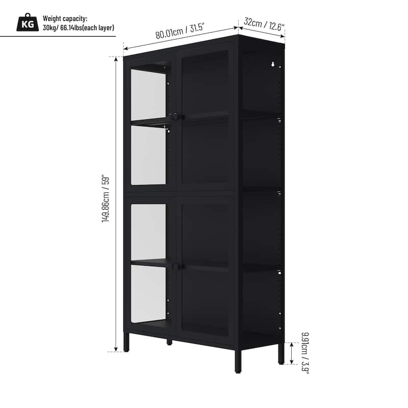 Glass Door Cabinet with Adjustable Shelves for Kitchen Living Room