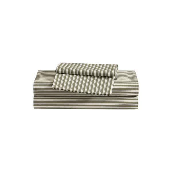 Eddie Bauer Crisp & Breathable Cotton Percale Deep Pocket Sheet Set - King - Alpha Stripe Green