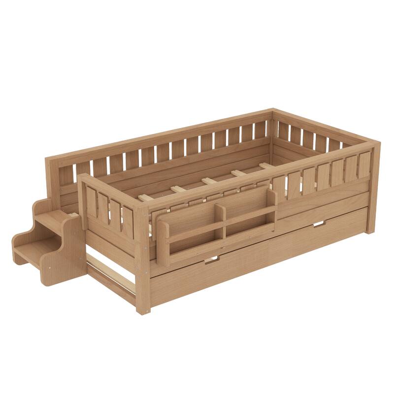 Full/Twin Loft Bed with Bookshelves, Safety Stairs & Trundle