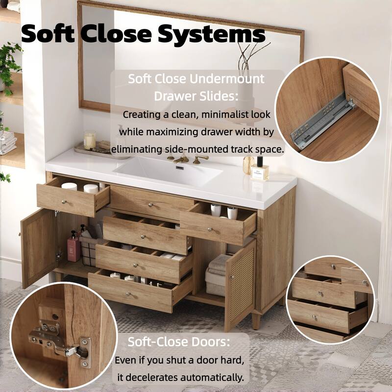 60" Bathroom Vanity with SMC Sink,Large Storage Bathroom Storage Cabinet with Soft Close Drawers and Rattan Doors, 5 Pine Legs