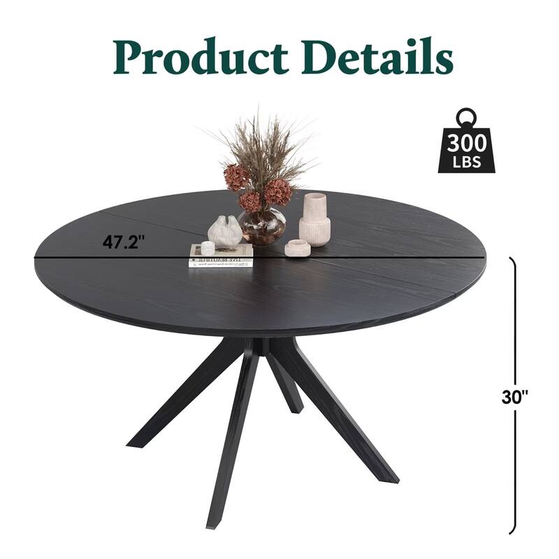 47.2" Solid Wood Round Dining Table for 4-6 People with Intersecting Pedestal Base - Black
