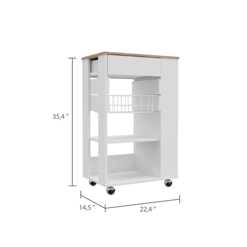 5-Shelf White and Light Oak Kitchen Cart, 1 Drawer & Rack with Caster Wheels for Storage and Mobility