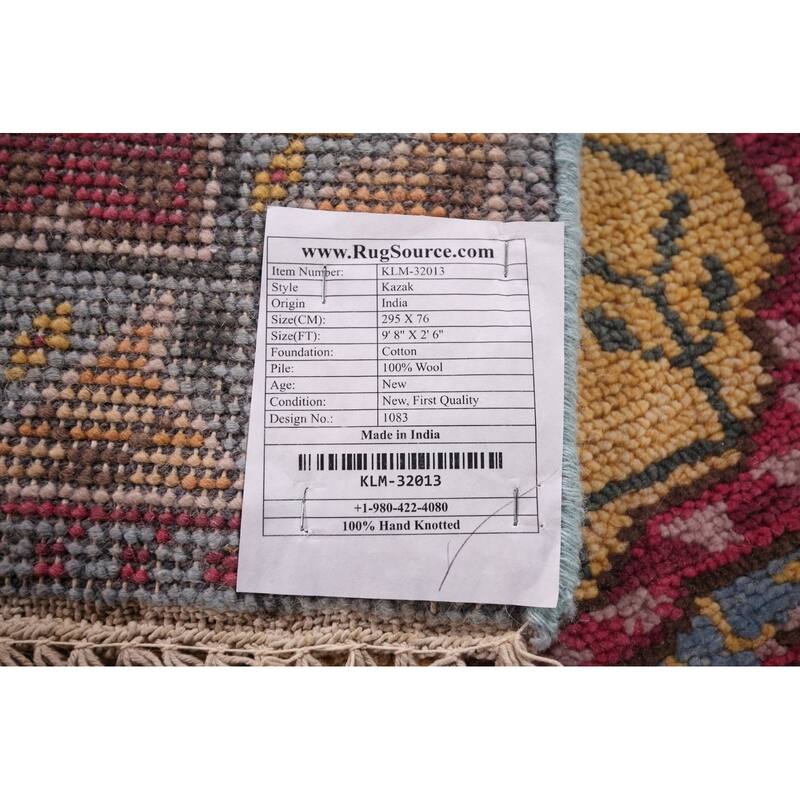 Blue Kazak Oriental Runner Rug Hand-Knotted Wool Carpet - 2'6"x 9'8"