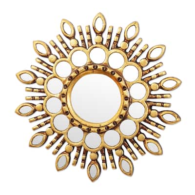 NOVICA Handmade Golden Blossom Wood And Glass Wall Accent Mirror - 11.75" H x 11.75" W x 1.2" D