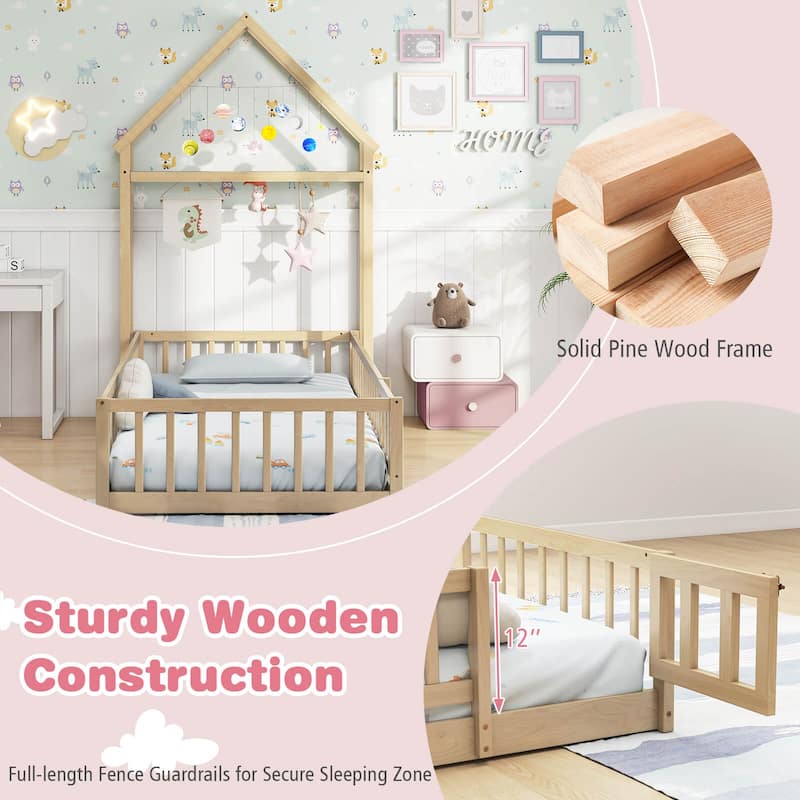 Floor Bed Frame Wooden Montessori Bed w/Fence Low Twin Size House Bed