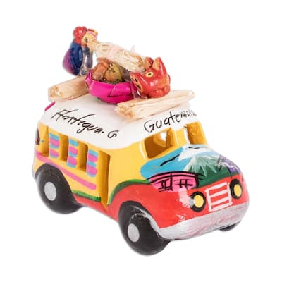 Novica Handmade Yellow And Orange Old-Time Bus Mini Ceramic Sculpture