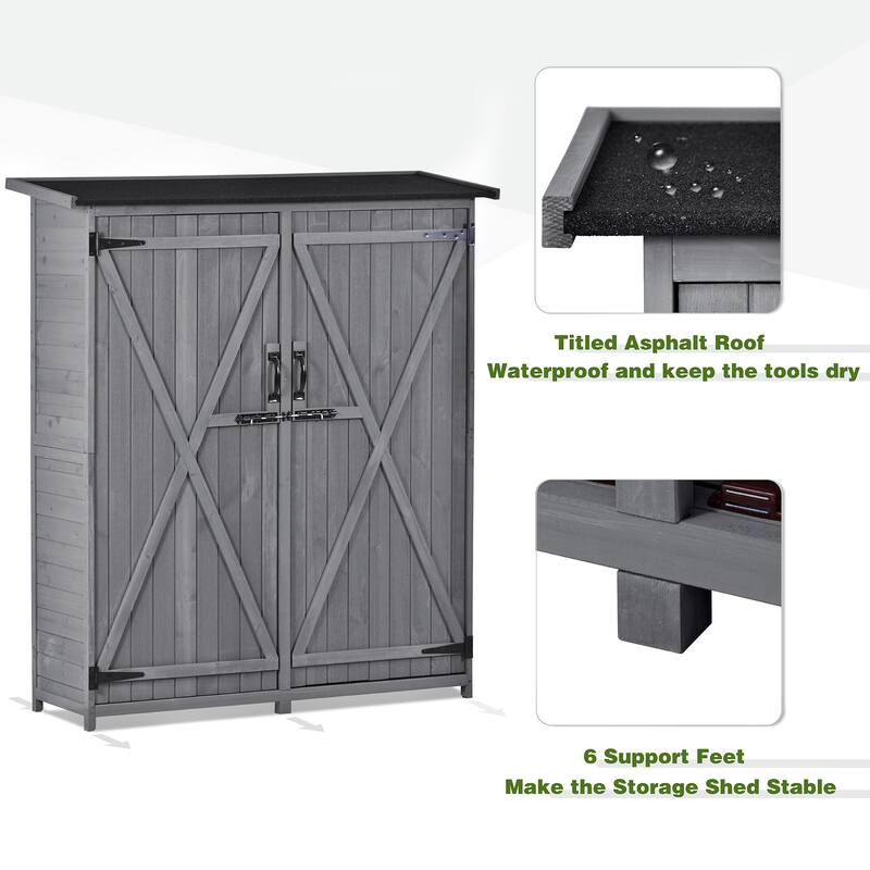 5.3ft Hx4.6ft L Wood Storage Shed Tool Organizer Storage Cabinet with Waterproof Asphalt Roof, Double Doors, 3-tier Shelves