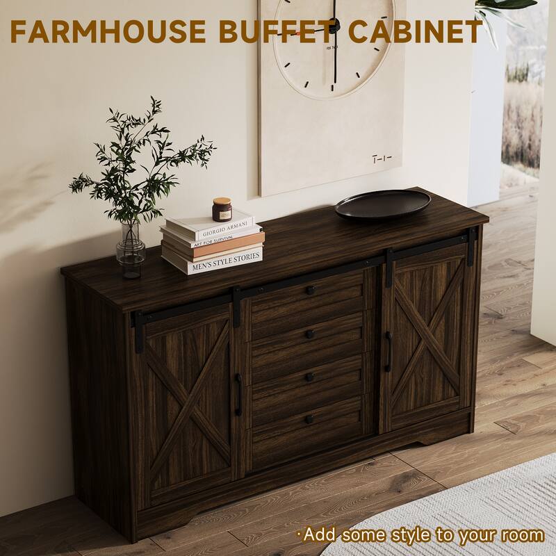 JASIWAY Barn Buffet Sideboard Cabinet with 2 Doors and 4 Drawers