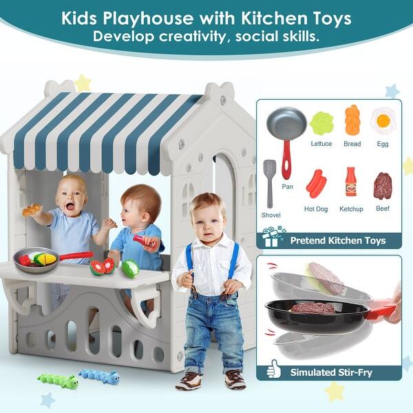 slide 2 of 7, Blue Kids Playhouse with Cute Kids Pretend Play Kitchen Toys Set, Outdoor Playhouse for Toddlers Aged 1-3 2-4 Years