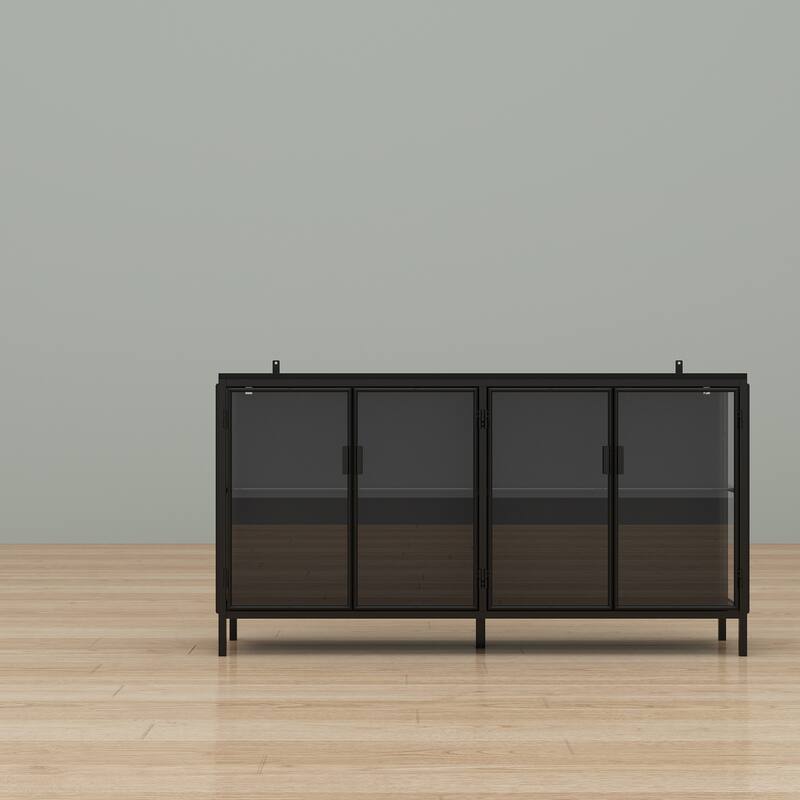 Black Metal & Glass Display Cabinet with LED Lights Accent Cabinet - 55.1"W