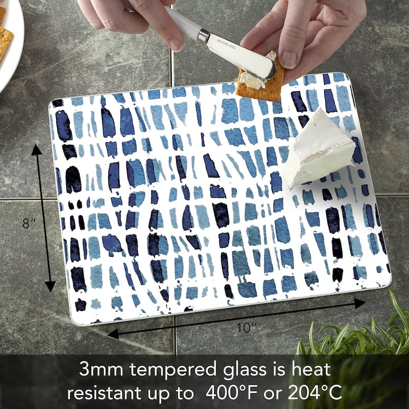Indigo Wavy Lines 3mm Heat Tolerant Tempered Glass Cutting Board 10” x 8” Manufactured in the USA Dishwasher Safe