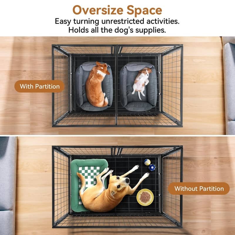 Heavy Duty Dog Crate with Wheels Escape Proof Metal Kennel Lockable Wheels Slide Out Tray