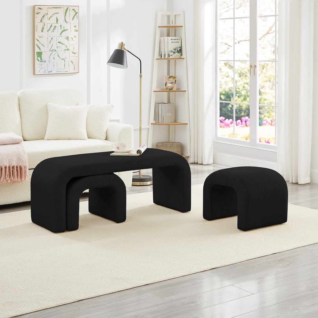 Set of 3 U-Shaped Modern Bench Teddy Ottoman Bench, Small Sofa Footrest Extra Seating, 44+18 Inch Bench Bench & Ottoman