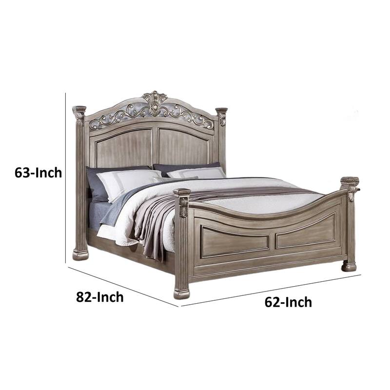 Aza Traditional Wood Queen Size Bed, Leaf Carvings, Champagne Gold Finish