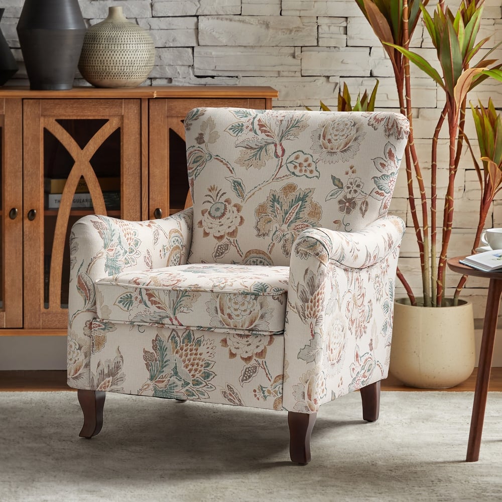 Samouel Modern Floral Upholstered Armchair with Solid Wood Legs and Ergonomic Wingback Design by HULALA HOME