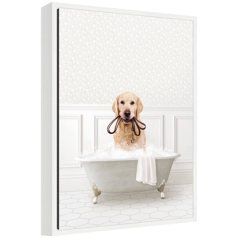 Kate and Laurel Sylvie Golden Retriever in White Bath Framed Canvas by Amy Peterson - White