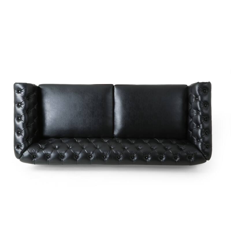 3-Seat Sofa with Wooden Legs, Retro Style, Black PU for Living Room and Study