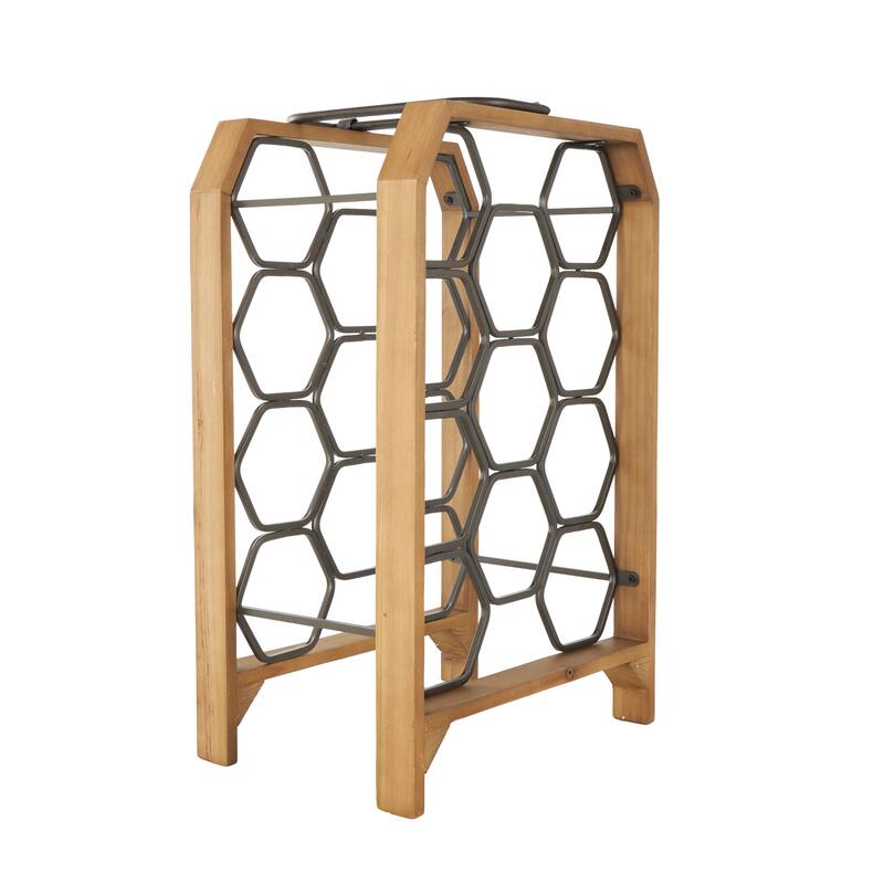 Brown Wood 11 or 8 Slot Geometric Wine Rack with Gray Metal Curved teardrop or Hexagon Holders
