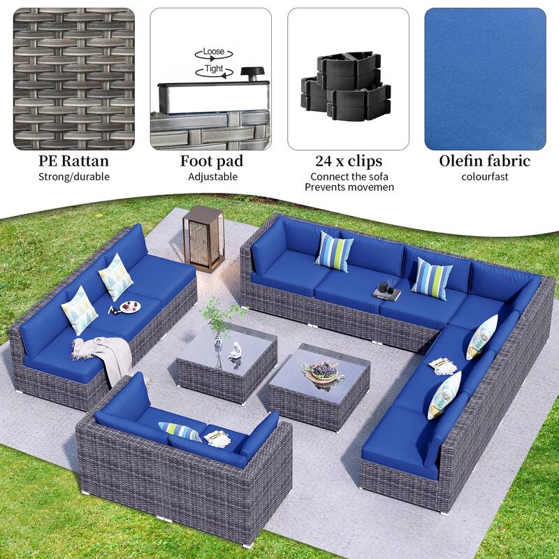 OVIOS 14-piece Deep Seat Wicker Conversation Sectional Set with Glass-top Table