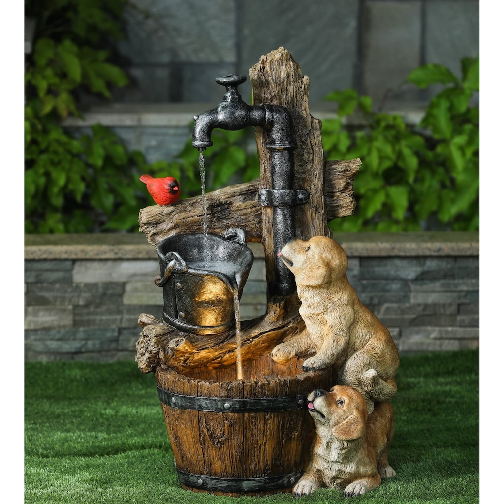 Resin Puppies and Water Faucet Outdoor Fountain with LED Light
