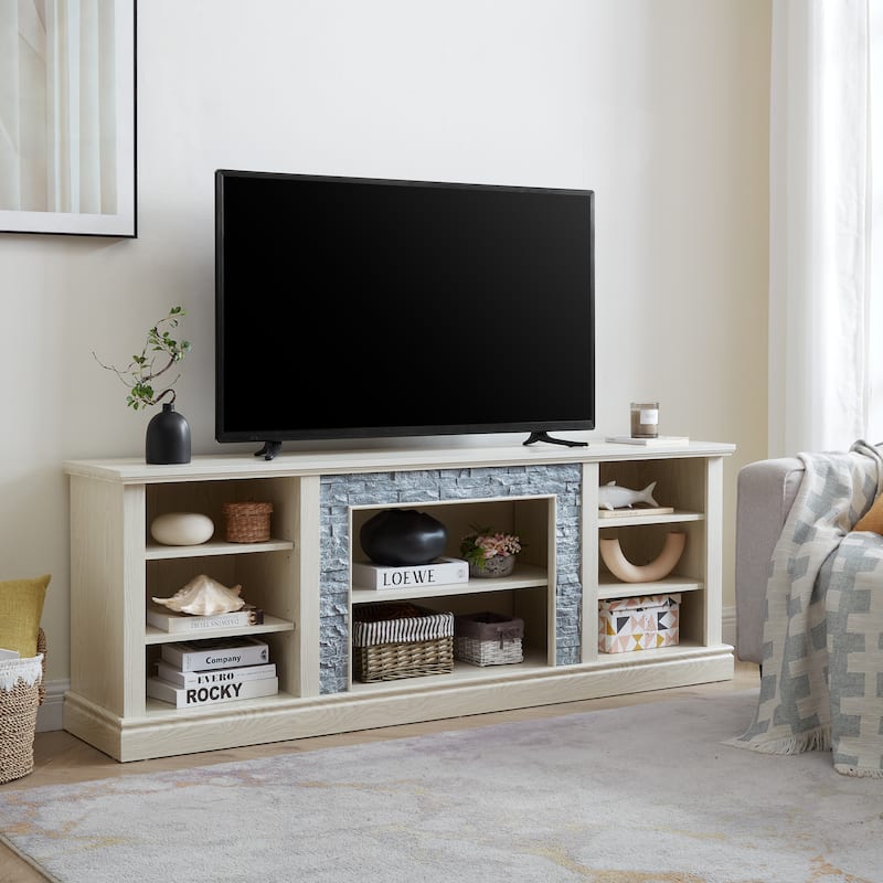 Large Storage TV Stand for TVs up to 75'' with Faux Stacked Stone, Adjustable Shelves and Cable Management