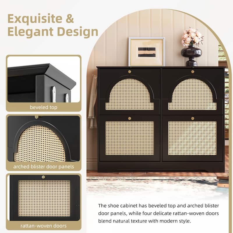 Mid-Century Narrow Design Tipping Bucket Shoe Cabinet with 4 Flip Drawers with Rattan Doors and Hooks