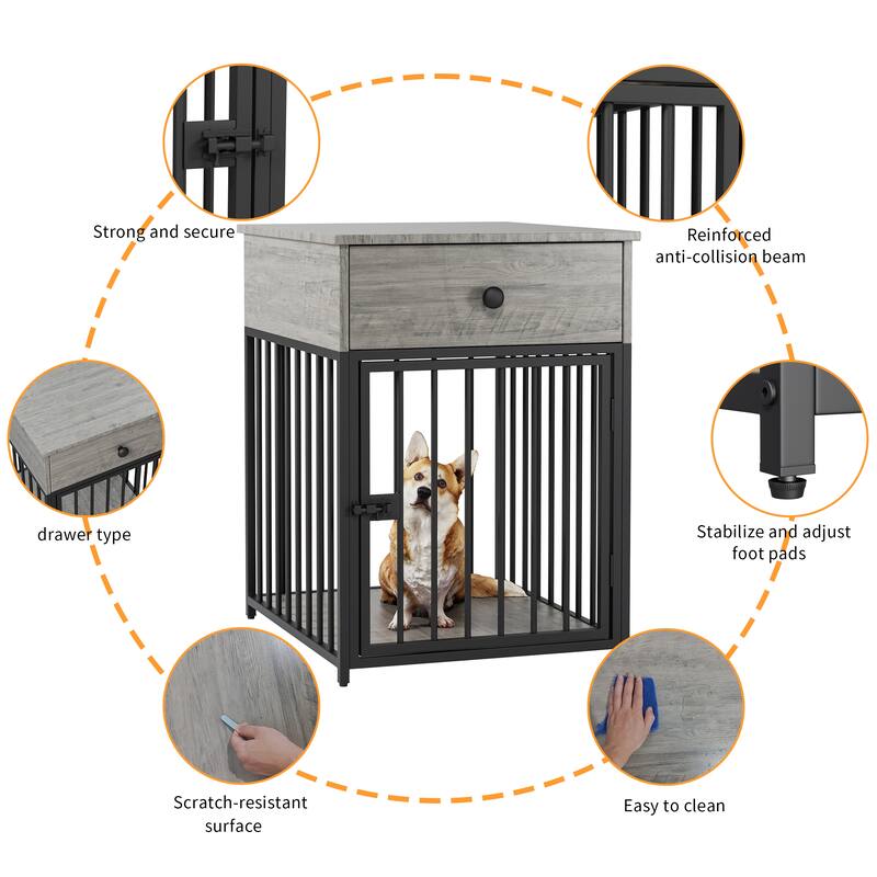 Dog Crate Furniture, Dog House, Decorative Dog Kennel with Drawer, Indoor Pet Crate End Table for Small Dog, Iron-Tube Dog Cage