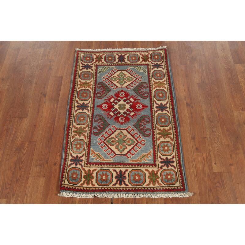Light Blue Geometric Kazak Oriental Accent Rug Handmade Wool Carpet - 2'1"x 2'10"