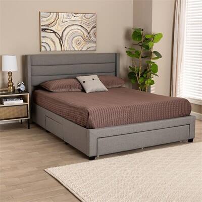 Gray Fabric and Brown Wood Full Size Storage Platform Bed