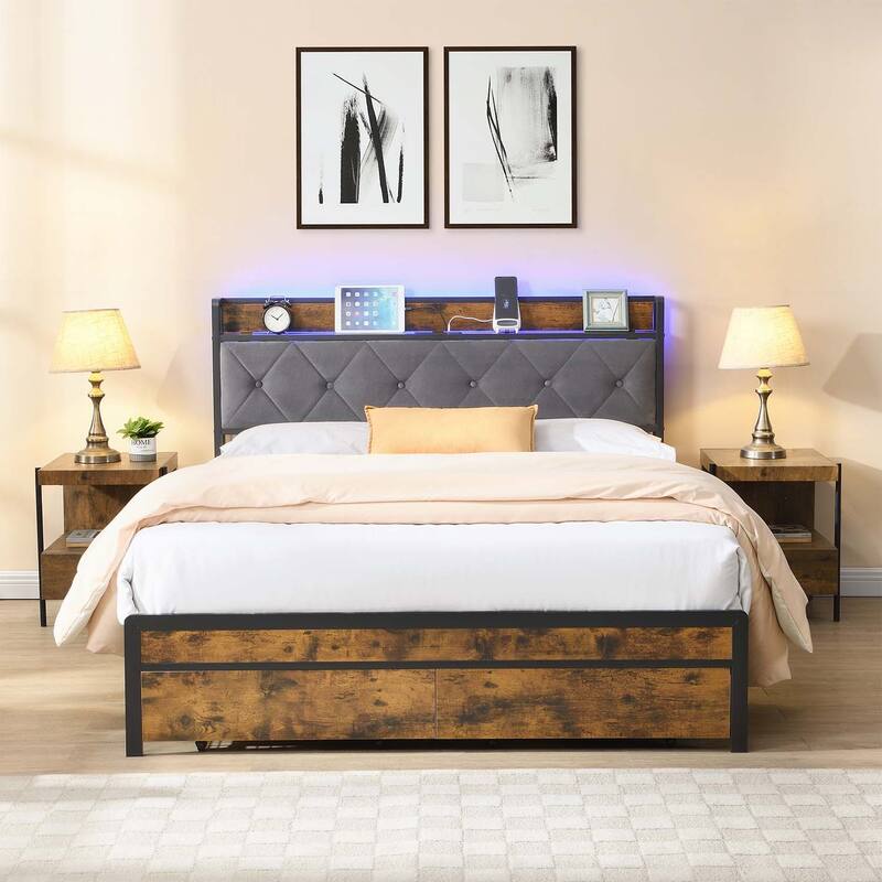 Versatile Storage Bed with LED Lights and Headboard for Comfortable Sleep - Brown+Gray-Queen Size