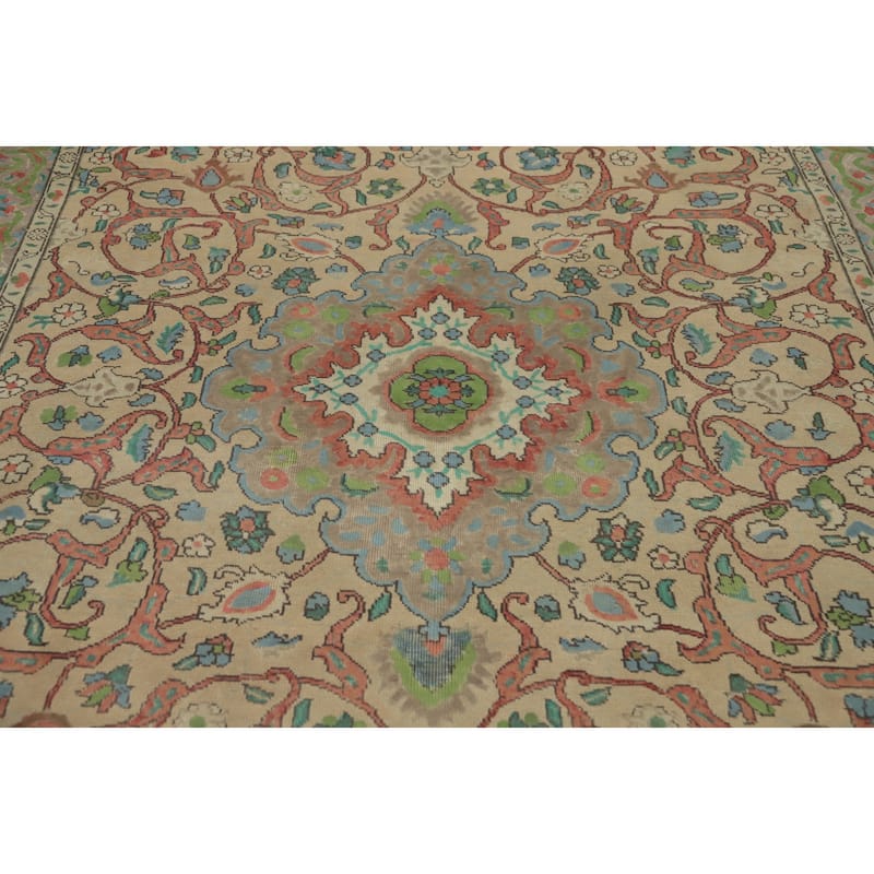 Hand Knotted Oriental 100% Wool Carpet Traditional Floral Beige & Ivories Tabriz Area Rug - 10' 0'' X 6' 5''