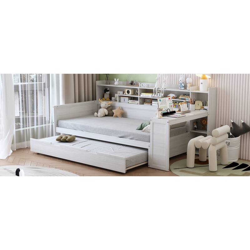 Full Size Daybed with Storage Shelves, Multi-Functional Bed with Twin Trundle and Built-In Study Desk, Space-Saving Design
