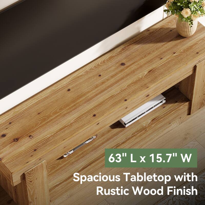 63 Inch Solid Wood TV Stand for TVs Up to 75 inches, Farmhouse Entertainment Center with Storage for Living Room / Bedroom