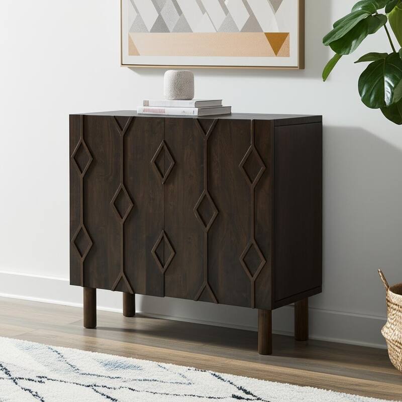 HomeRoots 36" Dark Brown Solid Wood Carved Geometric Accent Cabinet With Two Doors - Dark Brown