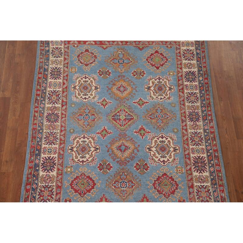 Light Blue Kazak Area Rug Hand-Knotted Bedroom Wool Carpet - 4'10" x 6'7"