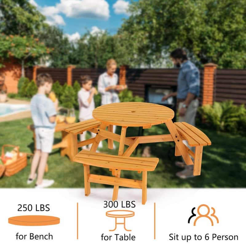 6-Person Outdoor Circular Wooden Picnic Table with 3 Built-In Benches