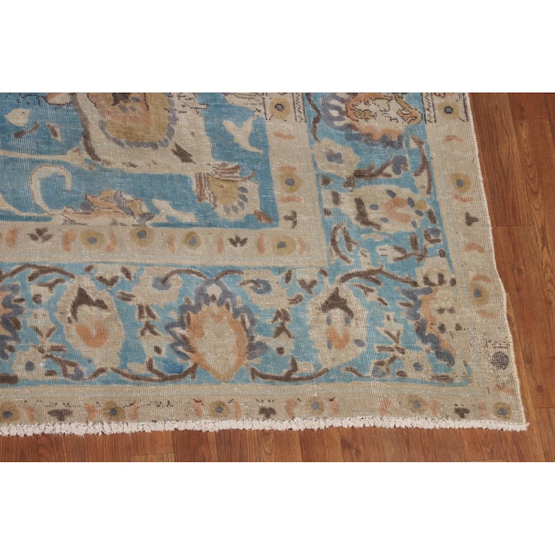 Light Blue Distressed Tabriz Persian Antique Rug Handmade Wool Carpet - 10'2" x 13'2"