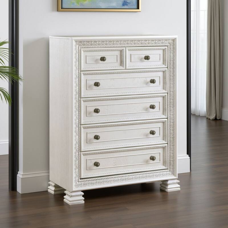 Rotu Tall Dresser Chest, 5 Drawers Rope Molding, White Ash Veneer