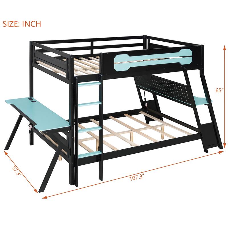 Twin/Full Gaming Bunk Bed with Dual Desks, USB Charging Ports and Pegboard Organizer, Gamer Bunk Frame