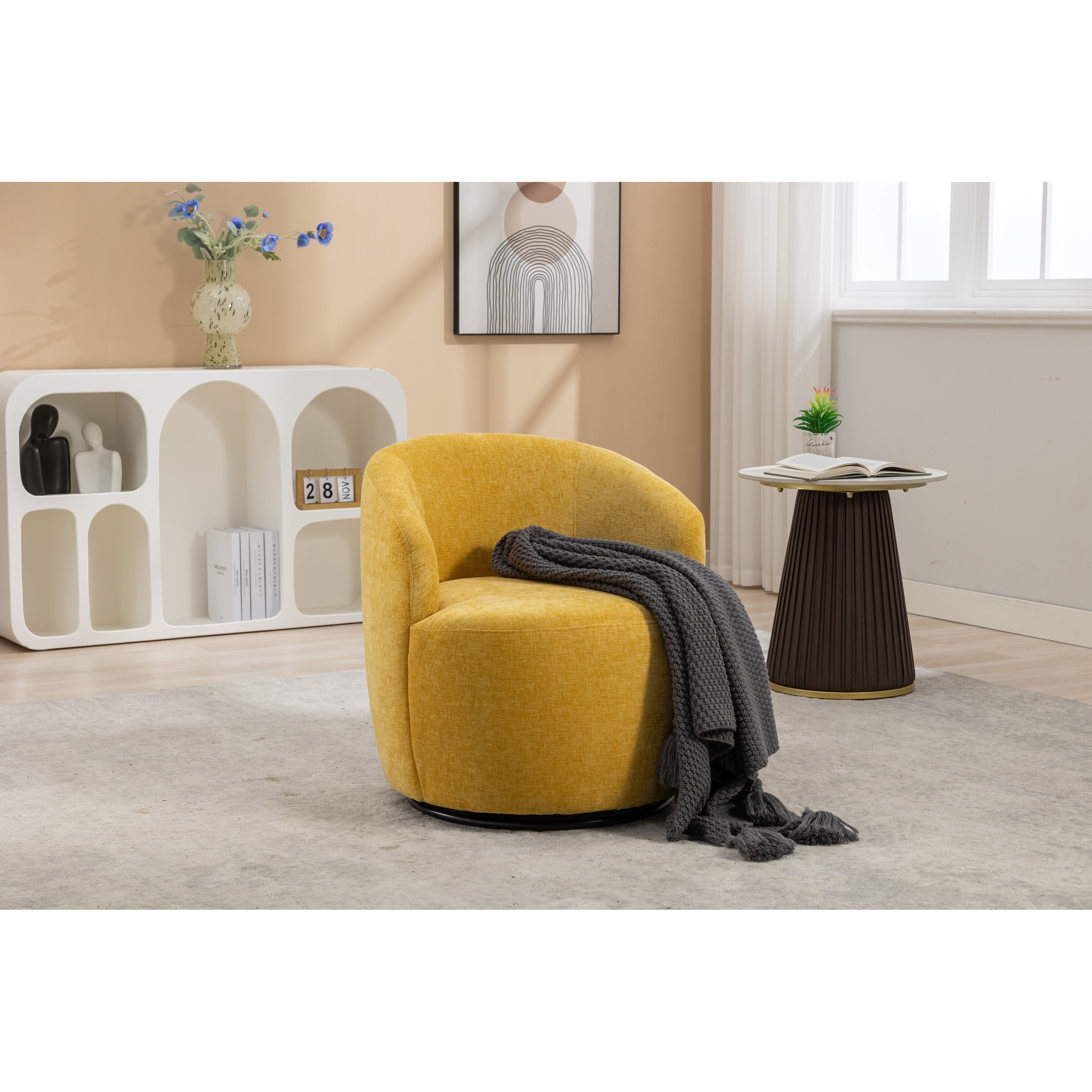Swivel Accent Armchair Barrel Chair With Black Powder Coating Metal Ring