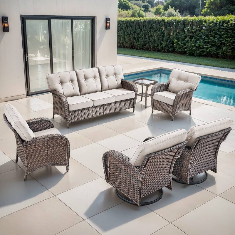 TWrap 6-Piece Patio Brown Wicker Sofa Conversation Set with 5-Inch Thick Cushions