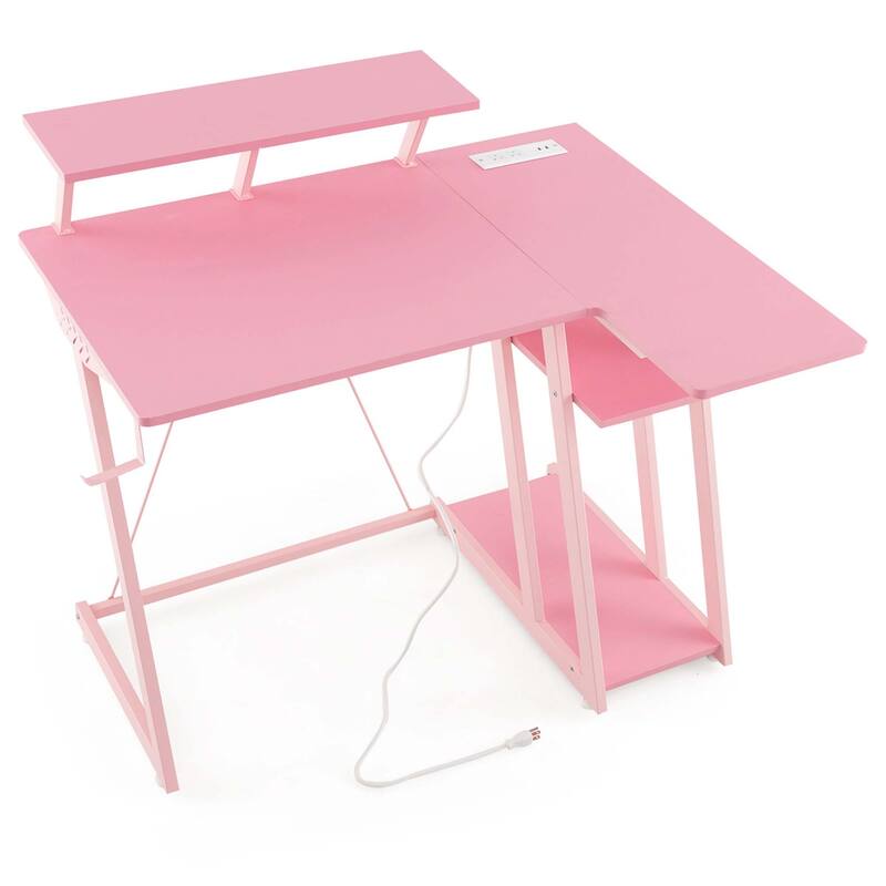 Costway L Shaped Gaming Desk with Outlets & USB Ports Monitor Shelf