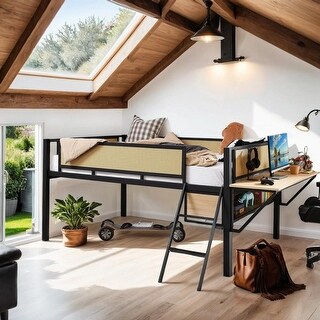 Stylish & Simple Single Full metal loft bed with rectangular desk, LED lights, storage shelves, safety guard and ladder, Natural
