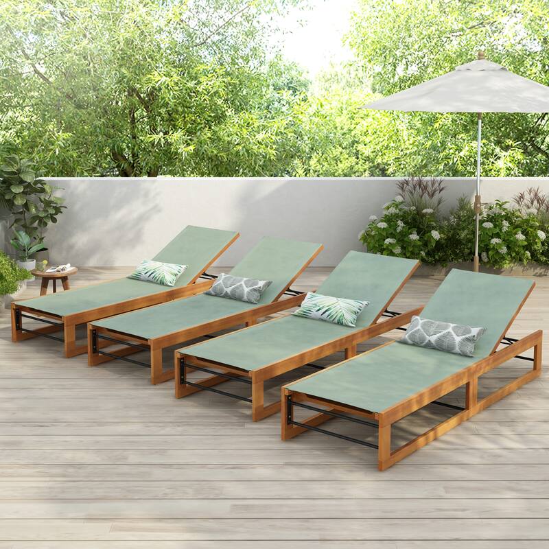 Emile Outdoor Mesh and Wood Chaise Lounge (Set of 4) by Christopher Knight Home - Teak Finish+ Mint Green