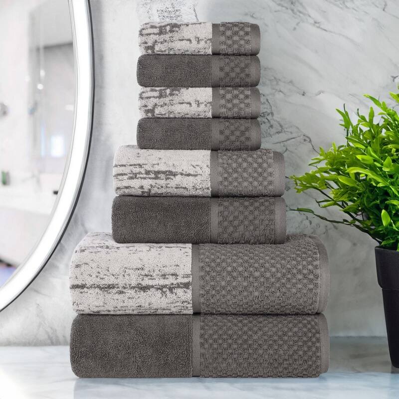 Superior Lodie Cotton Jacquard Solid and Two-Toned 8 Piece Towel Set - Charcoal/Silver