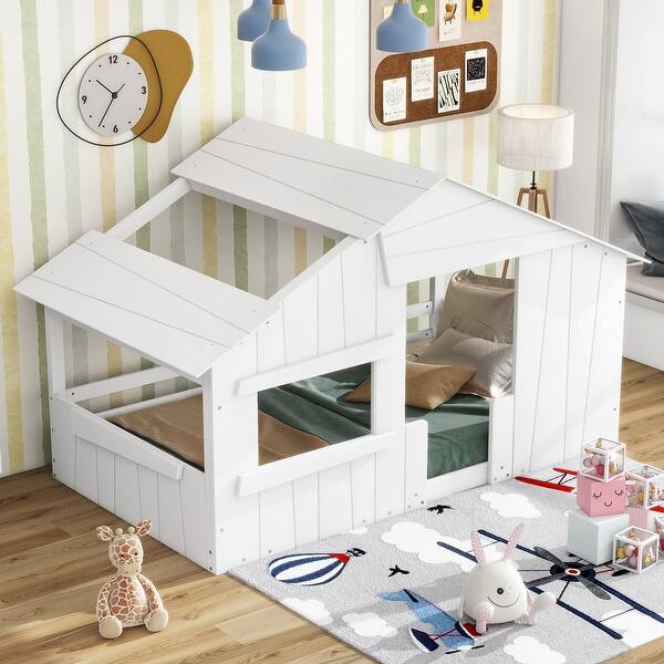 slide 2 of 23, Twin Size House Bed for Kids, Wood Playhouse Bed Frame with Roof, Window and Guardrail for Girls & Boys, No Box Spring Needed White