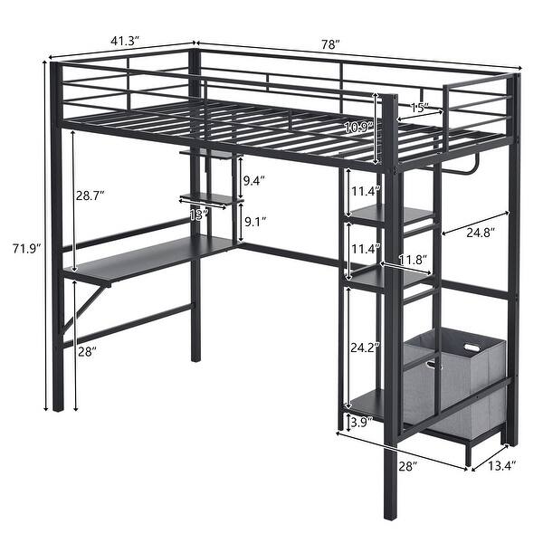 Twin Size Metal Loft Bed with Desk and Storage Shelves